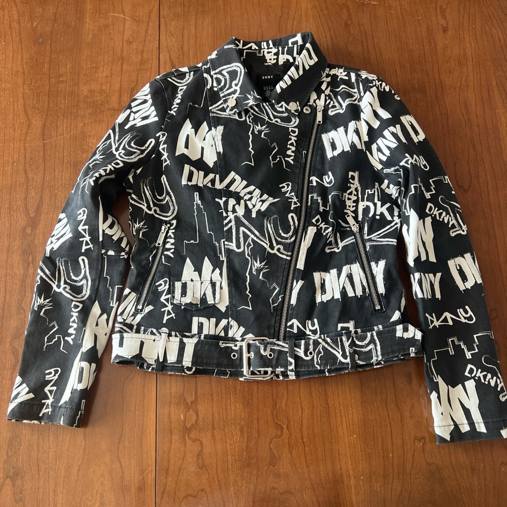 Vintage DKNY Grafitti Black White Skyline Moto Jacket Womens Medium